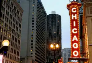 Chicago sign at the theater in the city at night