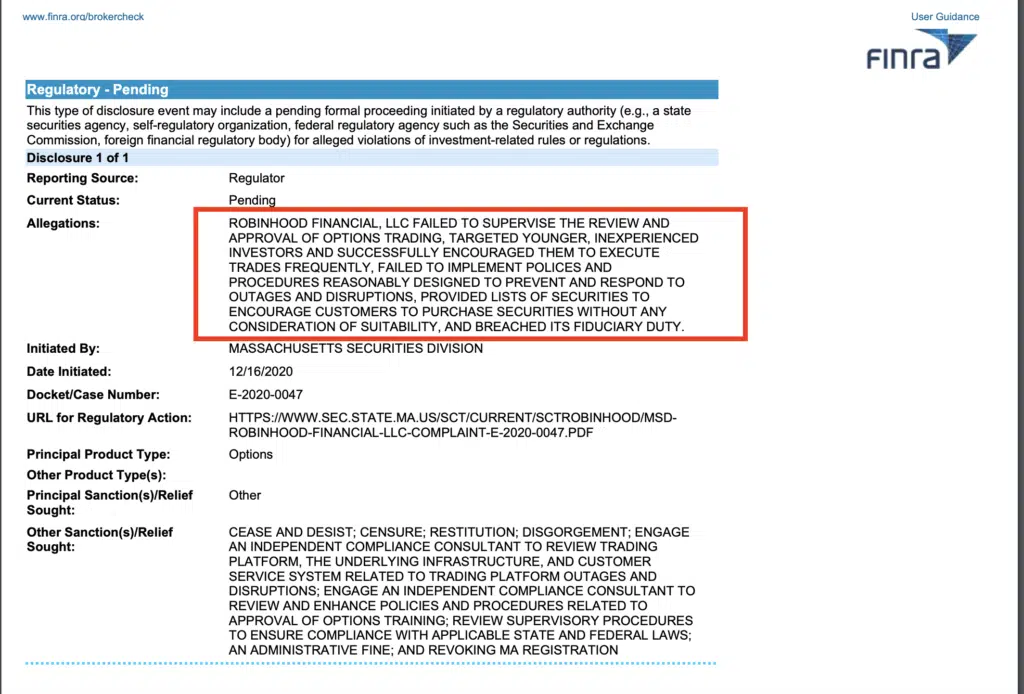 screenshot of Robinhood app pending regulatory disclosure on FINRA.org