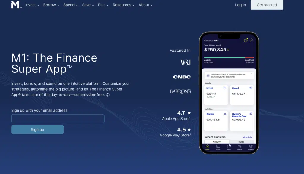 Screenshot of M1 Finance homepage.  M1 Finance is a safe investment brokerage that offers SIPC coverage in case they were to file bankruptcy