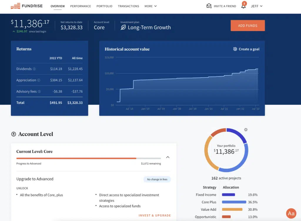 screenshot of my personal fundrise account, a real estate crowdfunding platform that allows you to invest into apartment buildings passively