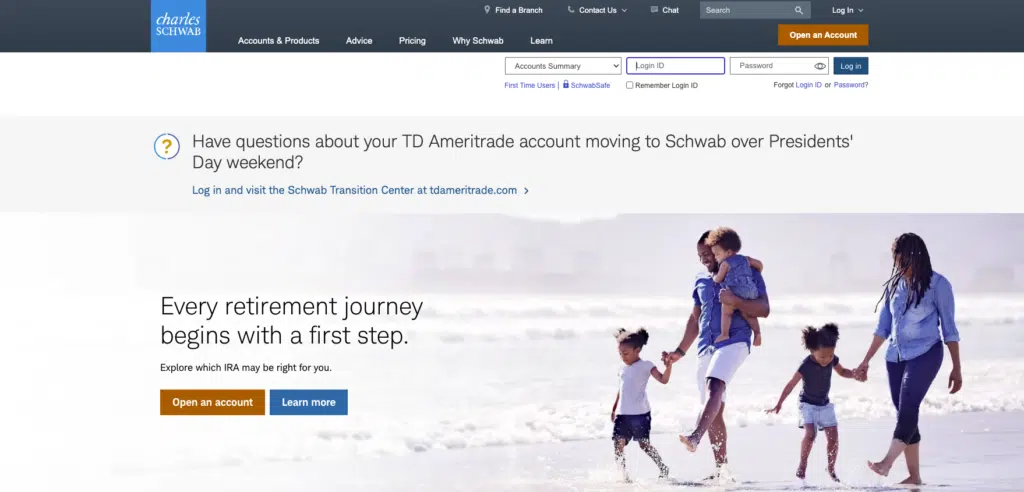 screenshot of Charles Schwab homepage