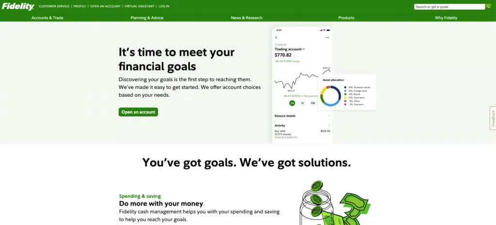 screenshot of fidelity homepage 