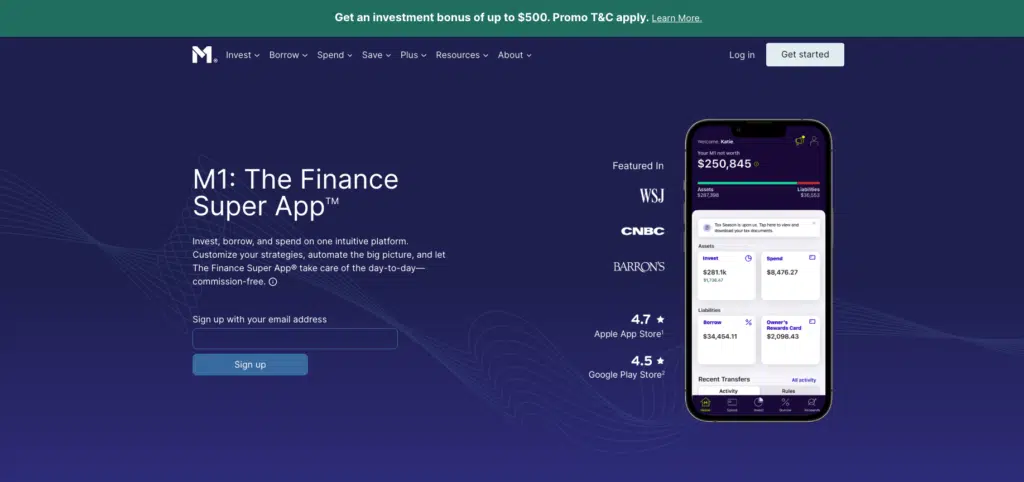 screenshot of M1 Finance homepage