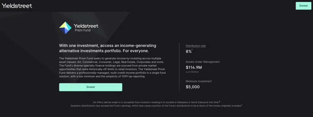 screenshot of yieldstreet prism fund landing page